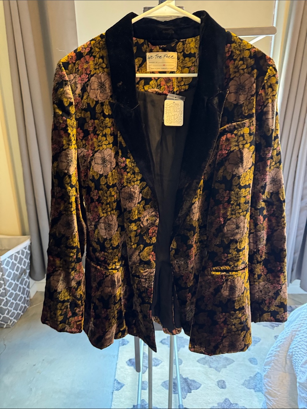 Free People Velvet Floral Blazer in Black, Gold & Pink